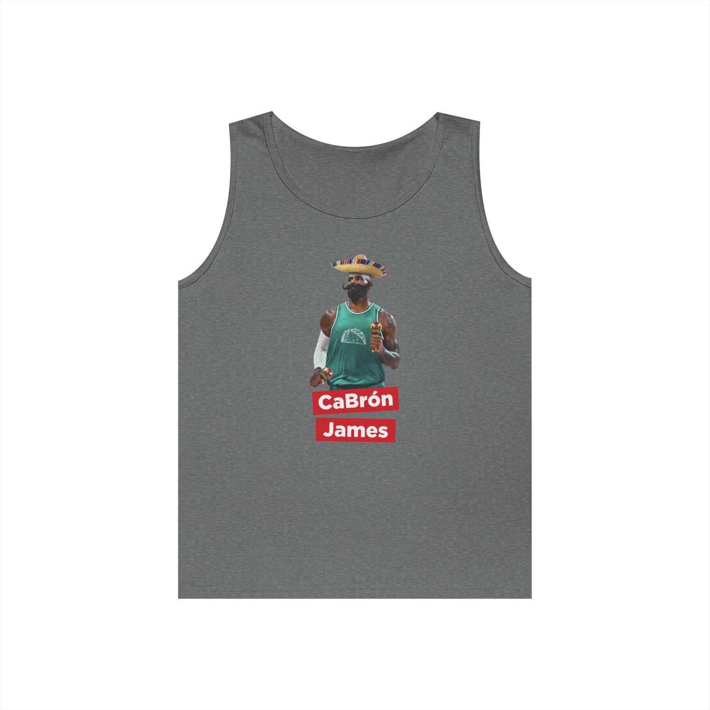 CaBron James graphic featuring LeBron James with a sombrero, oversized mustache, maracas, and taco basketball jersey printed on a tank top.