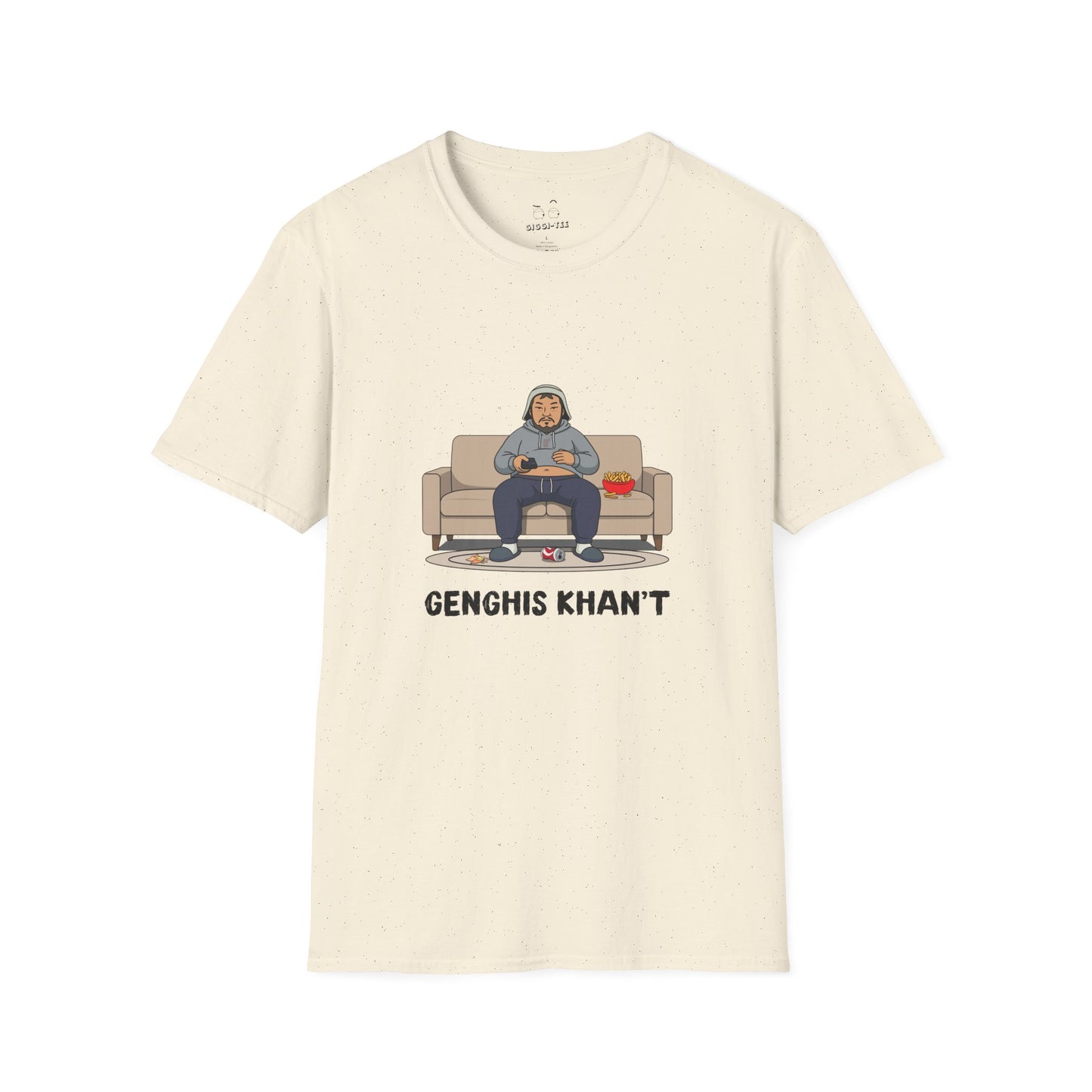 Genghis Khan't featuring Genghis Khan wearing gray sweatpants and hoodie, lounging on a couch in front of a TV, modern humorous historical parody t-shirt design