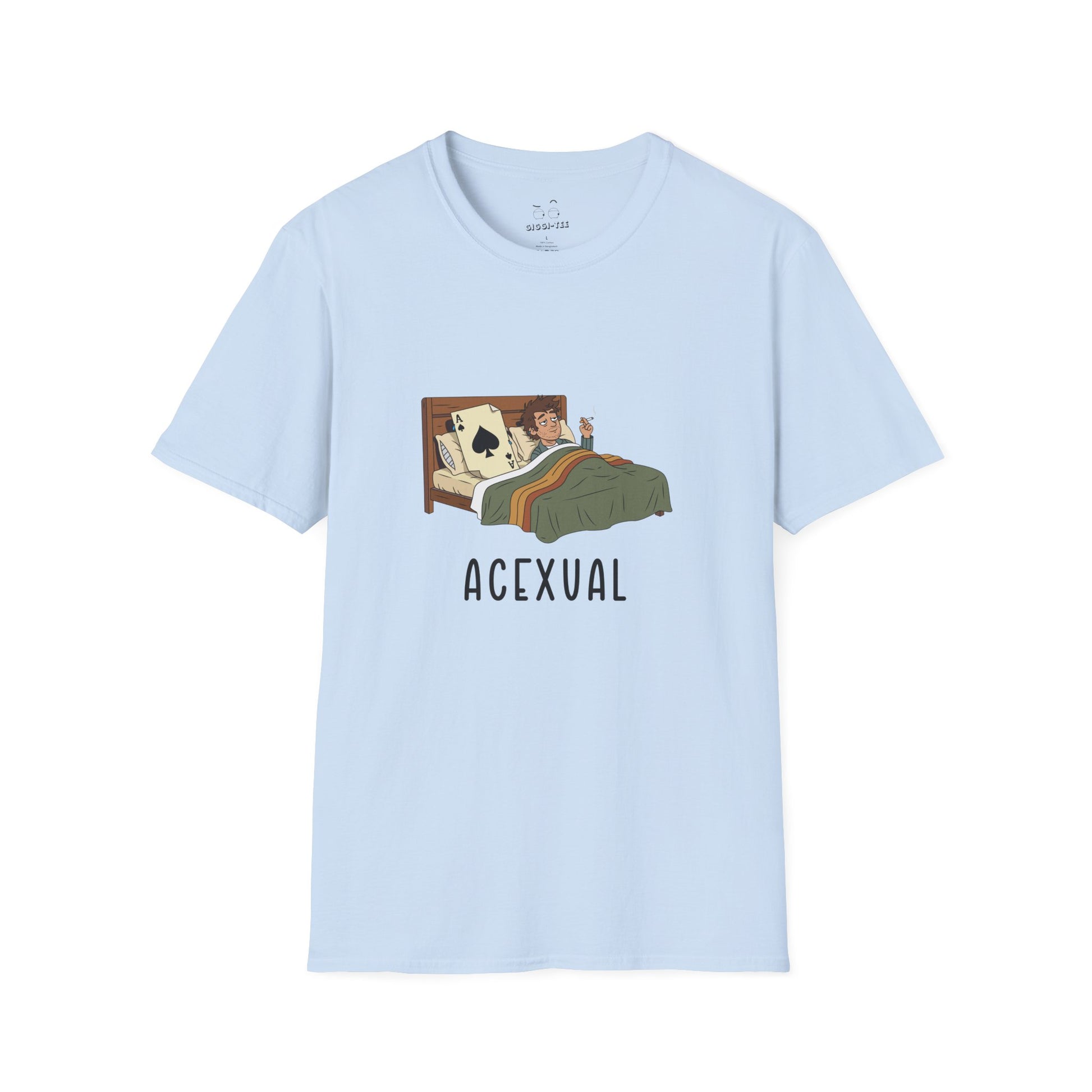 Funny Acexual shirt design showing a man lying in bed next to an Ace playing card in a humorous asexual pun illustration.