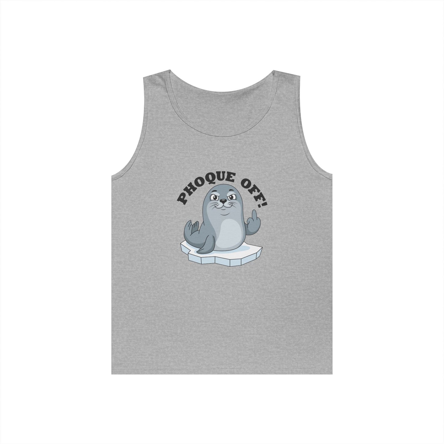 A seal giving the middle finger with the words "Phoque Off" on a funny pun tank top design featuring French wordplay.