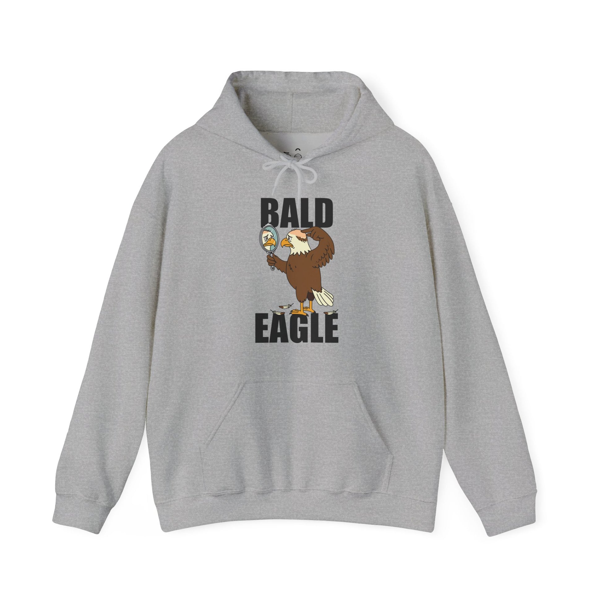 Bald Eagle hoodie design showing a sad eagle with a bald spot holding a mirror and looking upset.