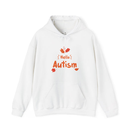 Hello Autism parody hoodie featuring seasonal text with falling autumn leaves