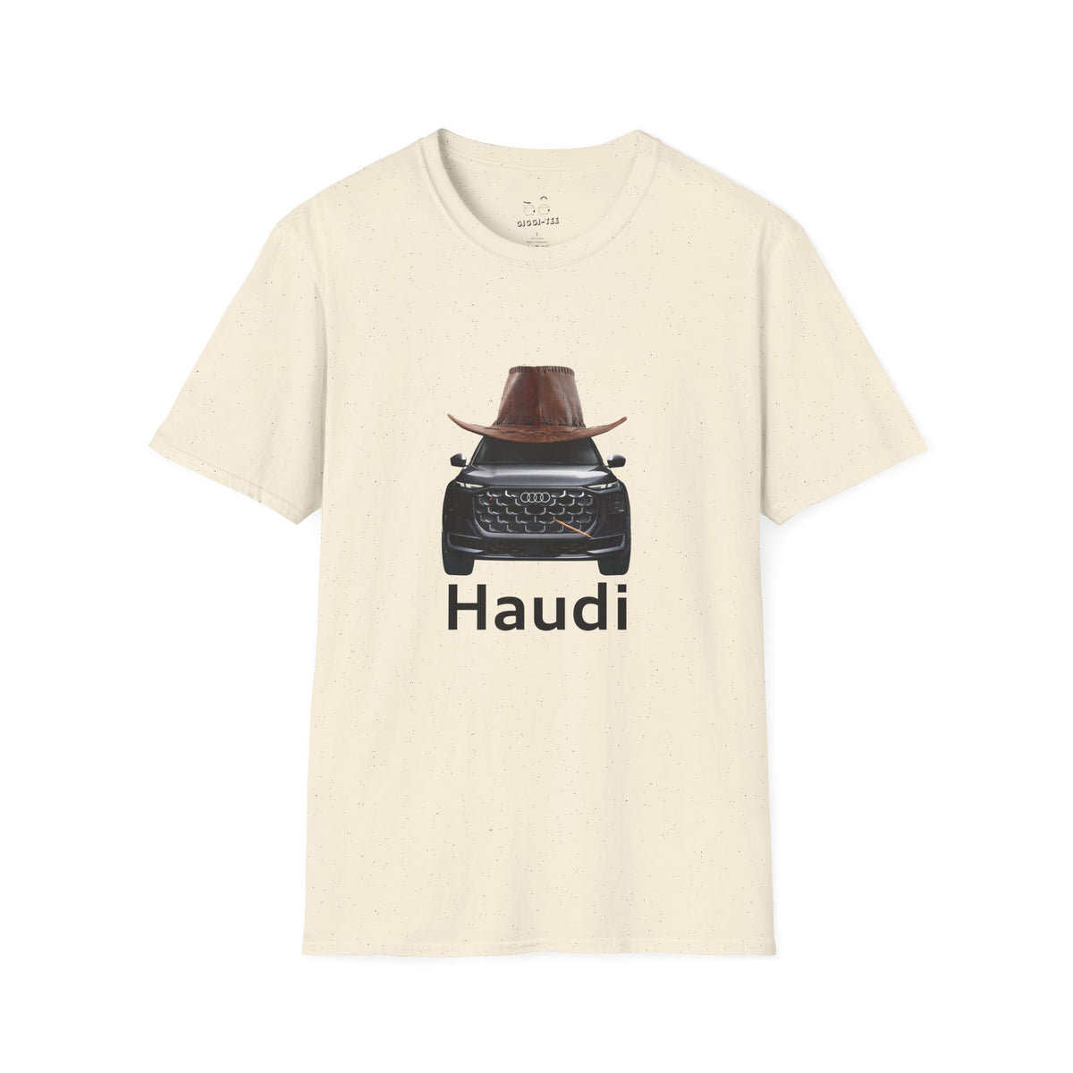 Haudi funny car shirt featuring an Audi with a cowboy hat and toothpick