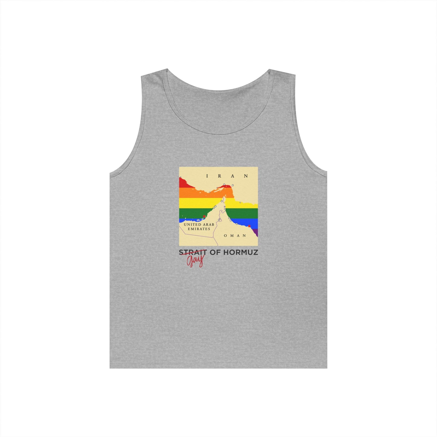 strait of hormuz map parody rainbow flag water gay of hormuz iran tank top design