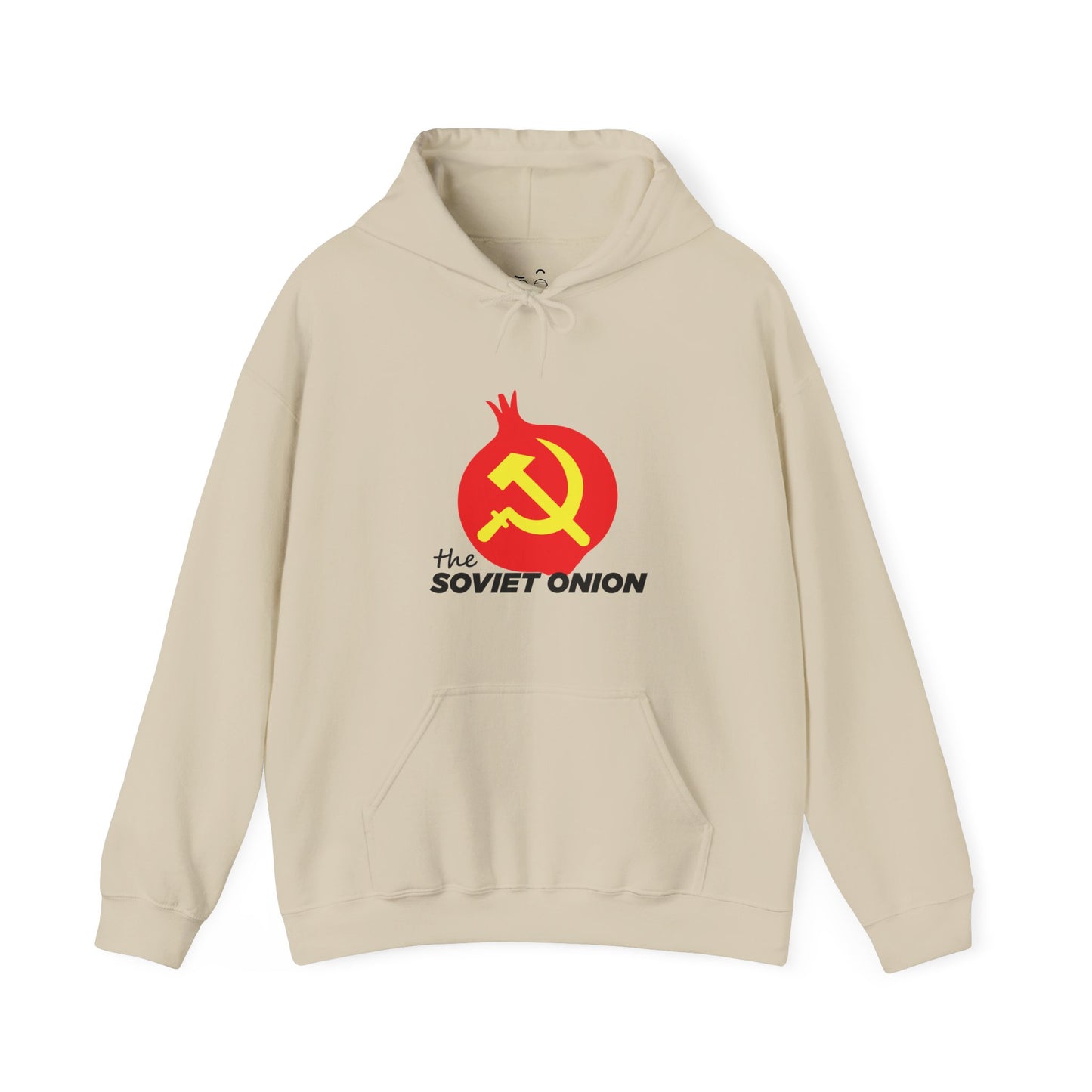 The Soviet Onion parody hoodie featuring a red vector-style onion with Soviet-inspired symbol design