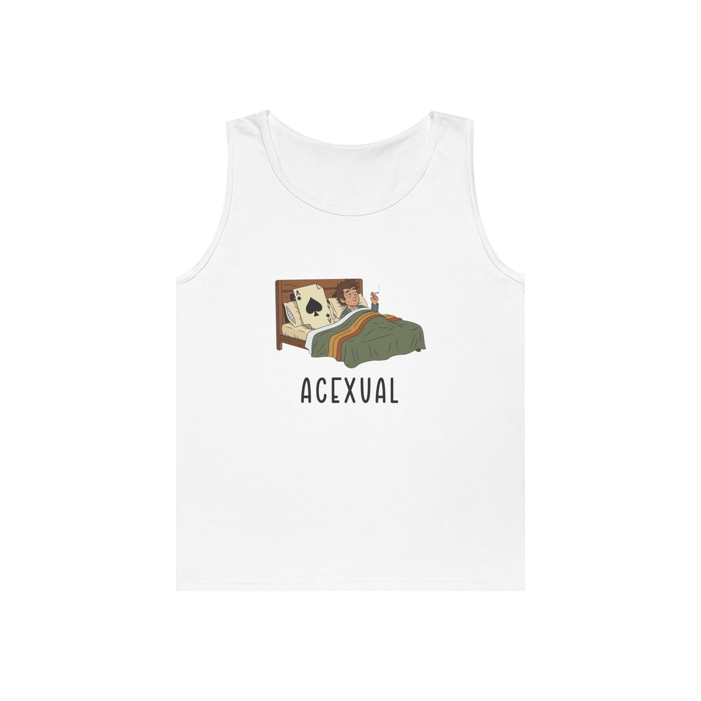 Funny Acexual tank top design showing a man lying in bed next to an Ace playing card in a humorous asexual pun illustration.
