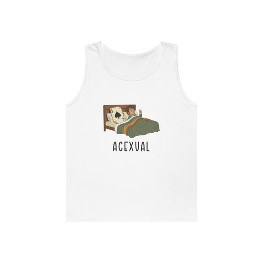 Funny Acexual tank top design showing a man lying in bed next to an Ace playing card in a humorous asexual pun illustration.
