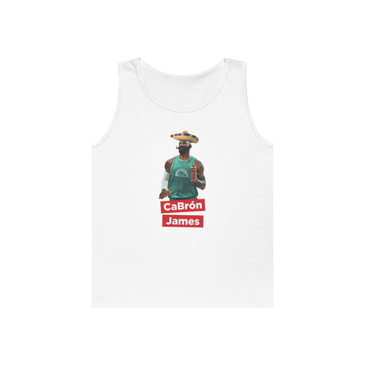 CaBron James graphic featuring LeBron James with a sombrero, oversized mustache, maracas, and taco basketball jersey printed on a tank top.