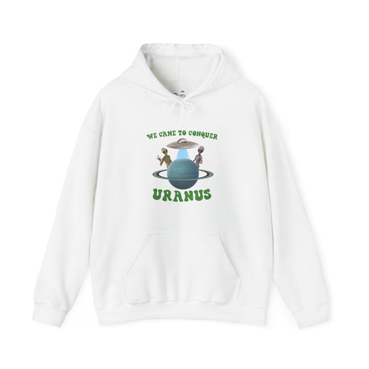 Uranus parody hoodie featuring two aliens near the planet Uranus with comedic space-themed text