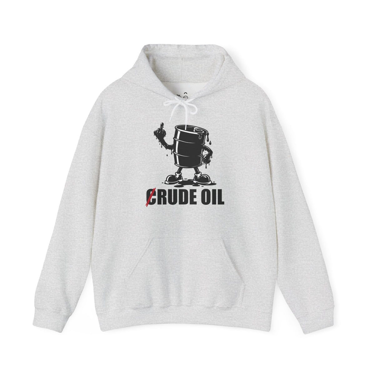 Graphic hoodie featuring a Rude Oil illustration of an oil barrel giving the middle finger with an oil-shaped hand, alongside the crossed-out C in Crude Oil.