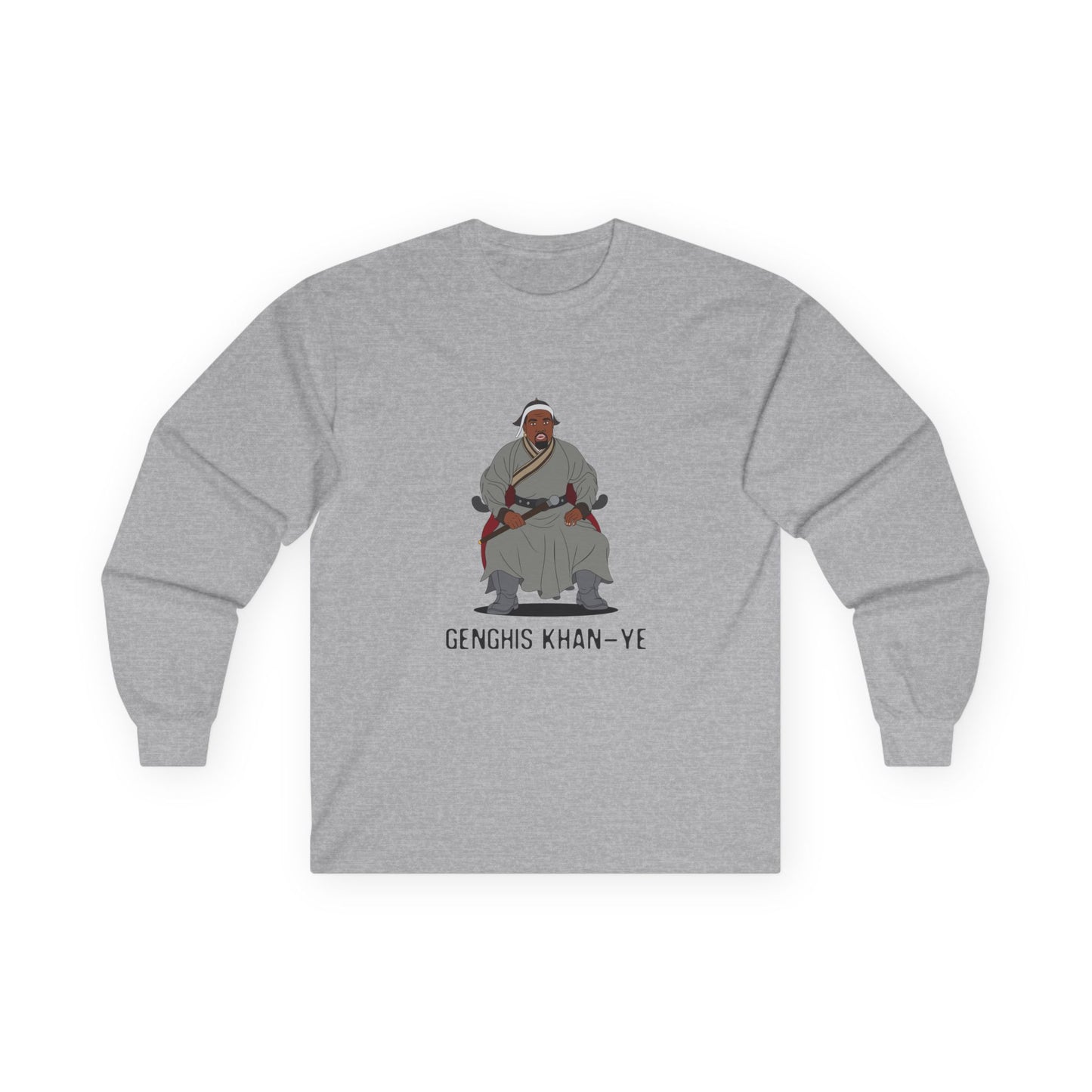 Genghis Khan Ye: Parody long sleeve shirt illustration of Ye dressed as Genghis Khan in Mongolian armor. Funny hip hop culture pun.