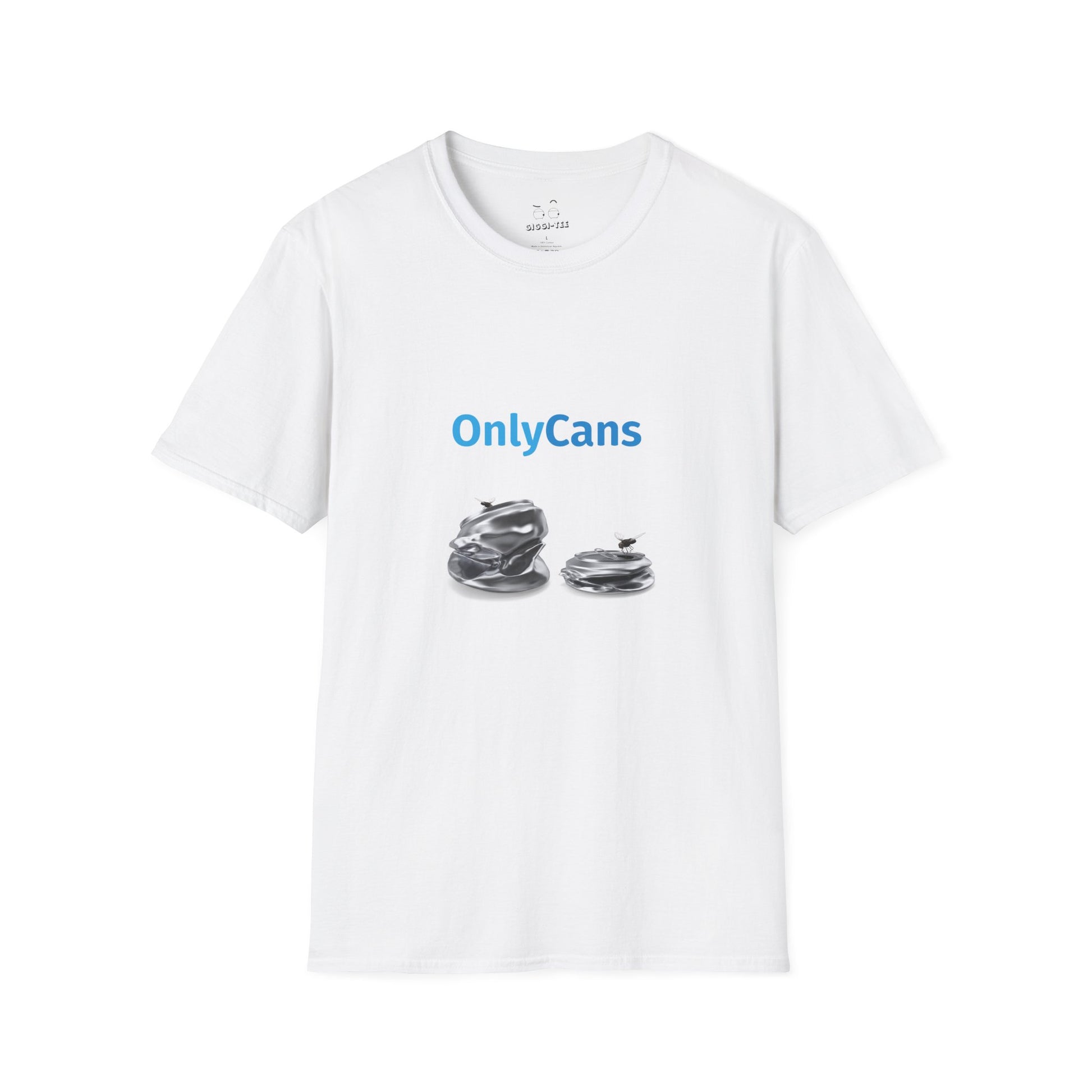 T-shirt featuring a pile of discarded, dented soda and beer cans with flies buzzing around them, a parody of OnlyFans.
