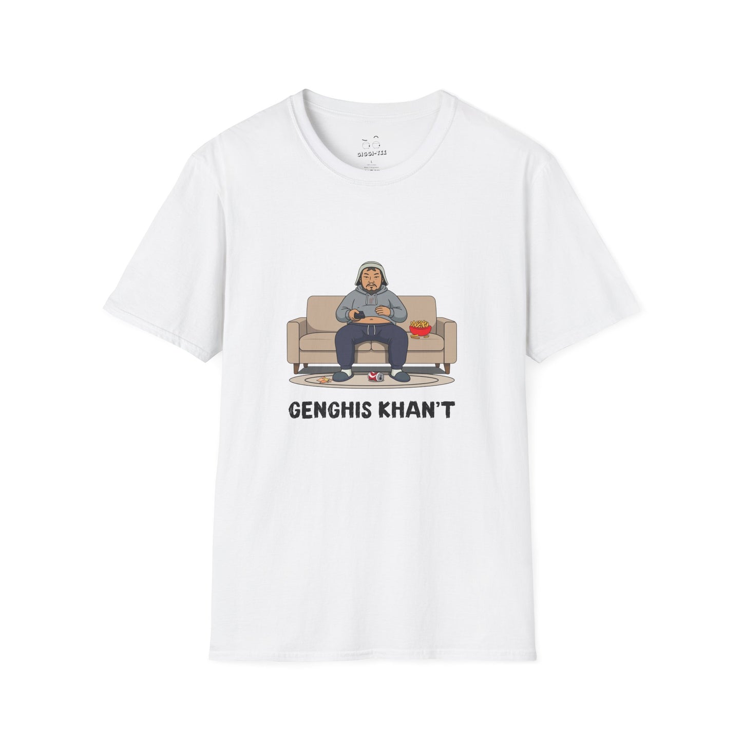 Genghis Khan't featuring Genghis Khan wearing gray sweatpants and hoodie, lounging on a couch in front of a TV, modern humorous historical parody t-shirt design