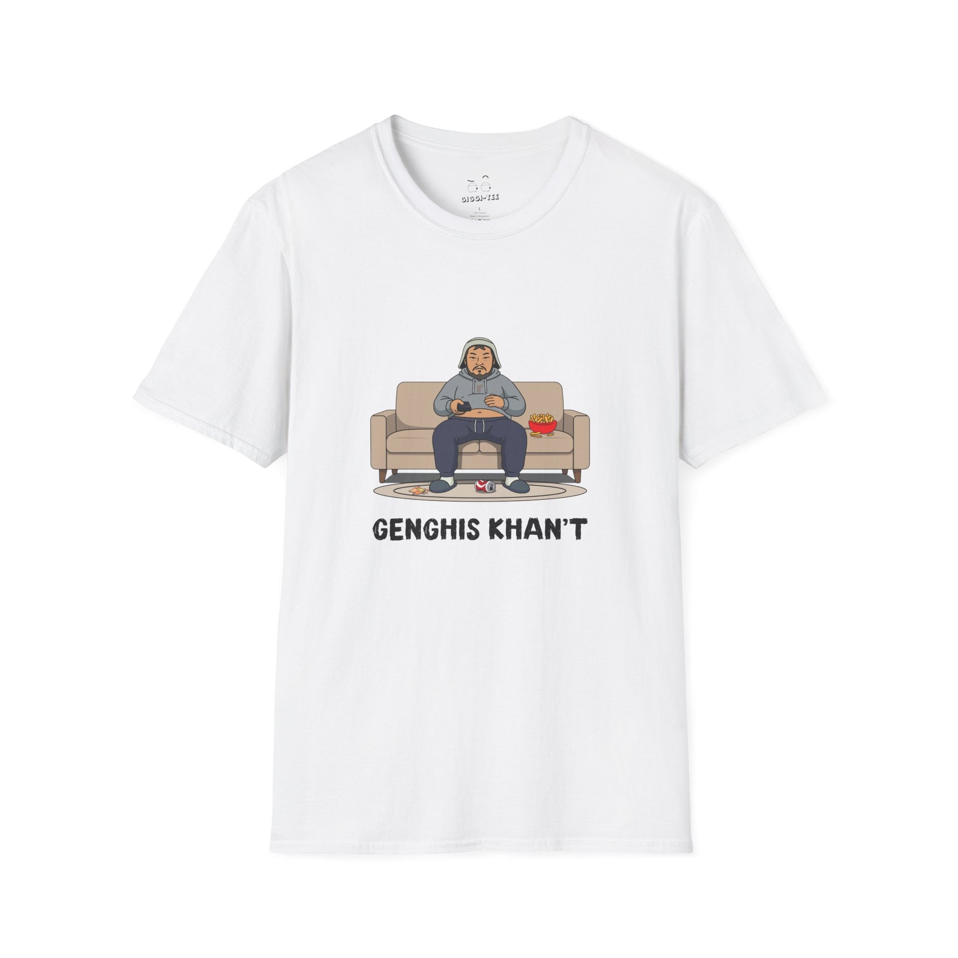 Genghis Khan't featuring Genghis Khan wearing gray sweatpants and hoodie, lounging on a couch in front of a TV, modern humorous historical parody t-shirt design