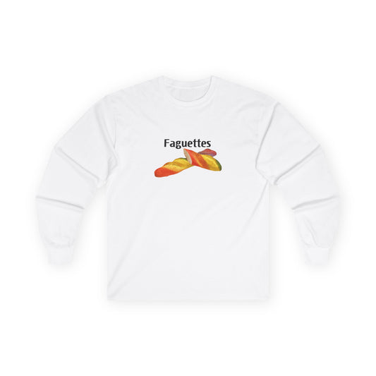 Long sleeve shirt featuring a rainbow-colored baguette parody design titled “Faguettes” with vibrant pride-inspired graphics.