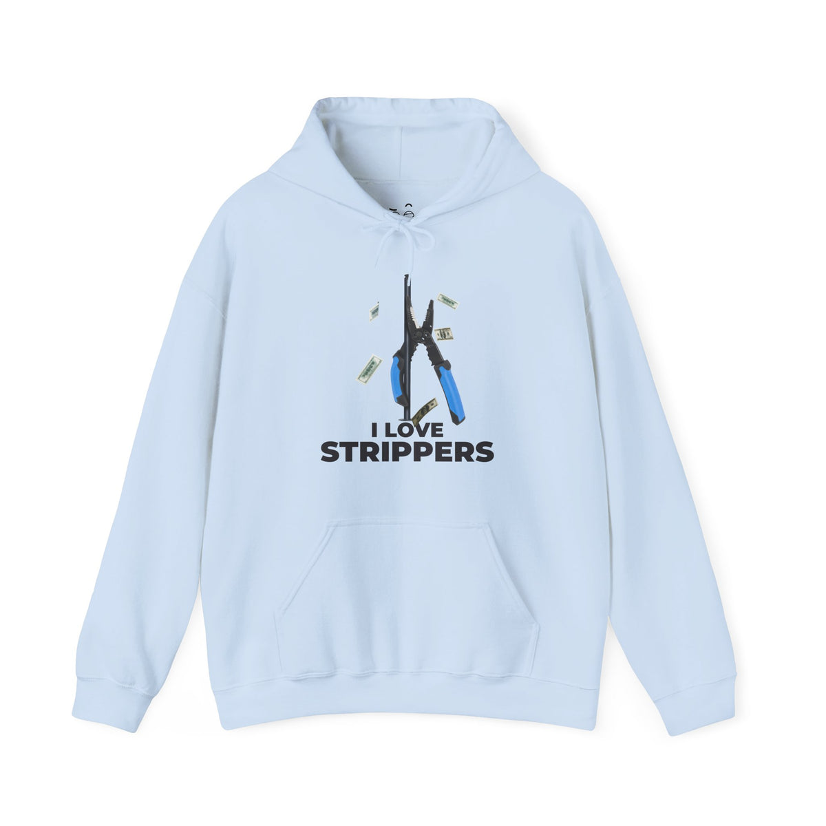 I Love Strippers Hoodie with a wire stripper dancing on a pole and dollar bills flying around, funny electrician graphic.
