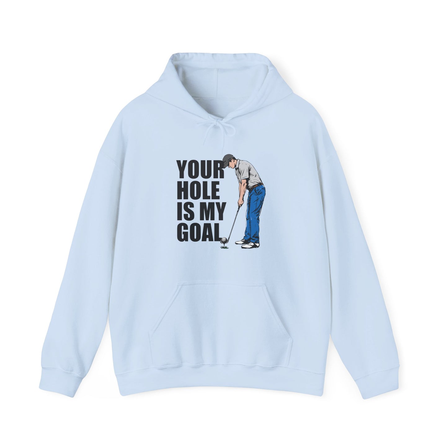 Funny golf design featuring a golfer with a golf club and ball on the pin, with the text “Your Hole Is My Goal.”
