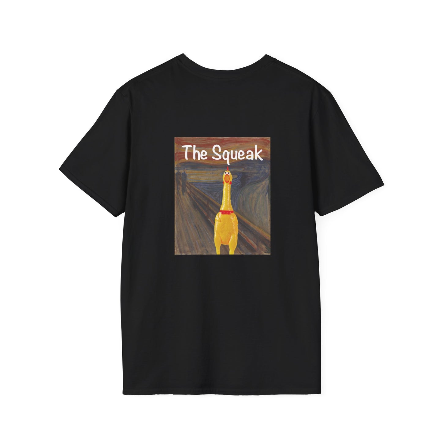 Parody of The Scream painting featuring a squeaky rubber chicken in place of the screaming figure on a t-shirt design.