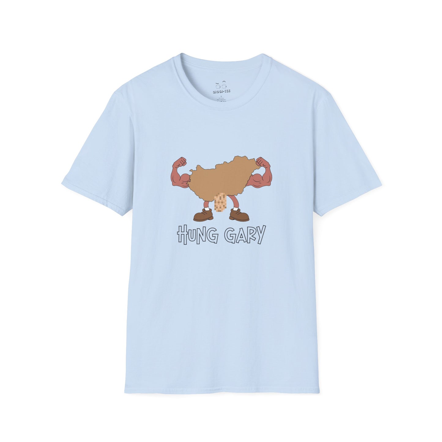 Hung Gary pun shirt: Hungary map illustration flexing muscles with an adult-themed pixelated graphic. Funny geography.