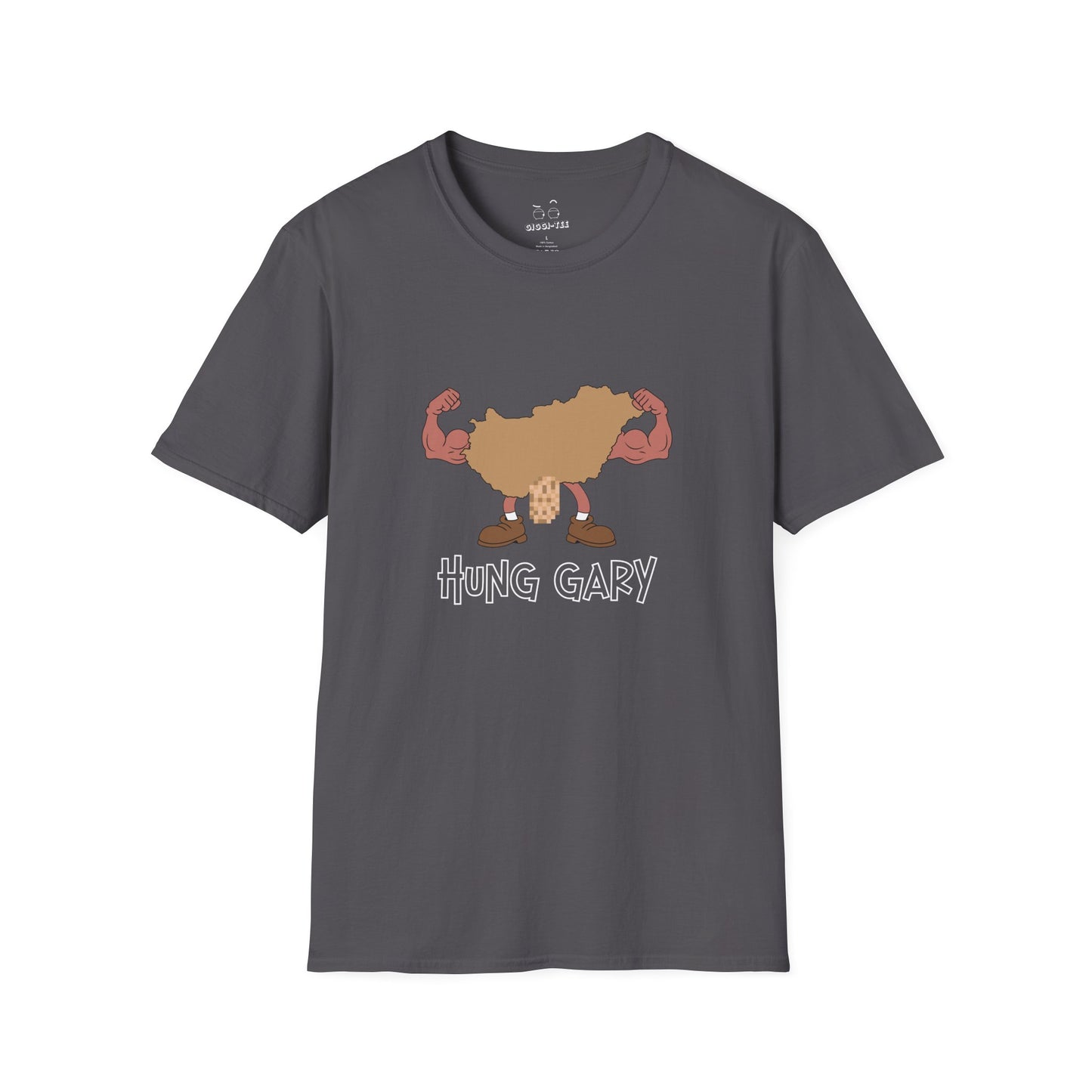 Hung Gary pun shirt: Hungary map illustration flexing muscles with an adult-themed pixelated graphic. Funny geography.