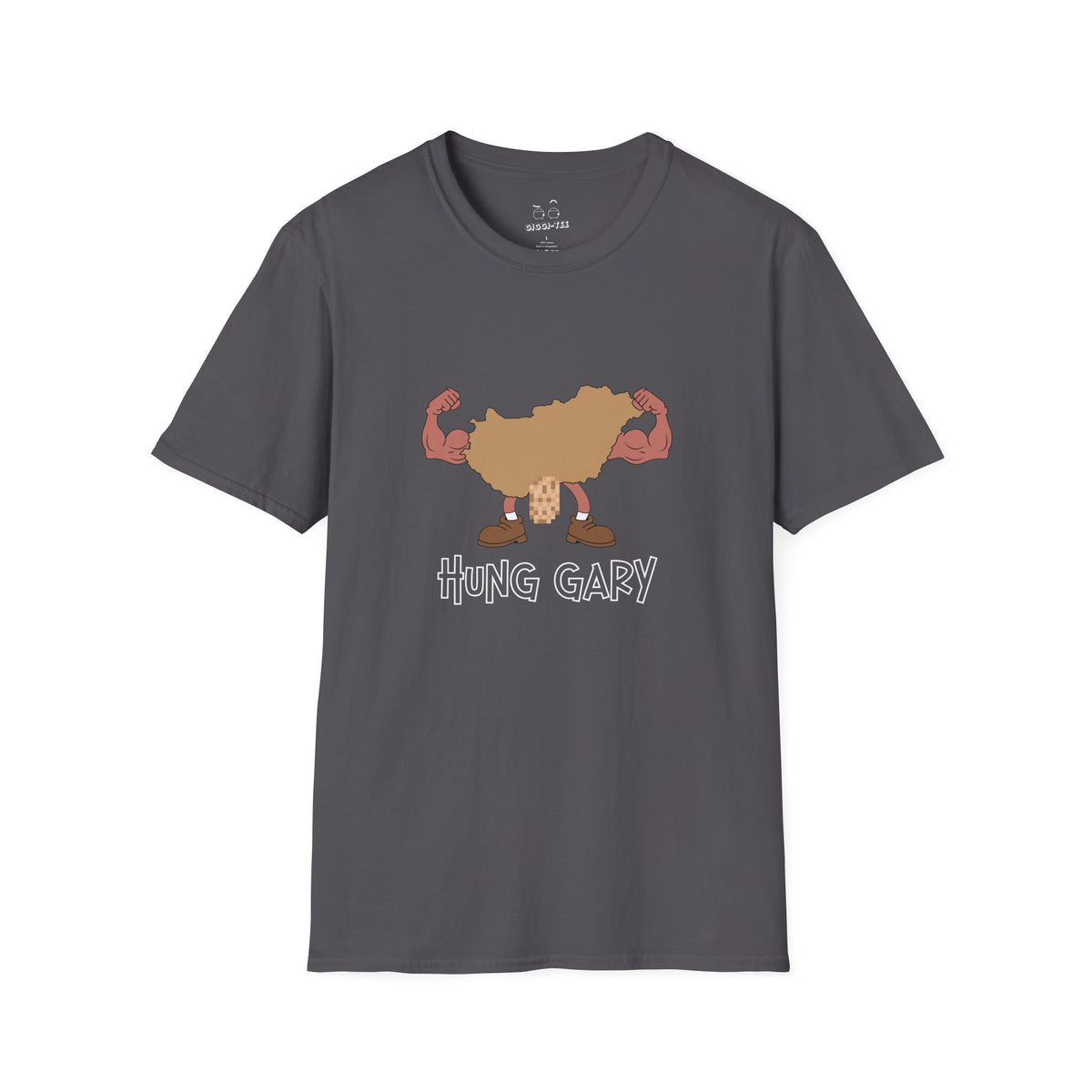 Hung Gary pun shirt: Hungary map illustration flexing muscles with an adult-themed pixelated graphic. Funny geography.