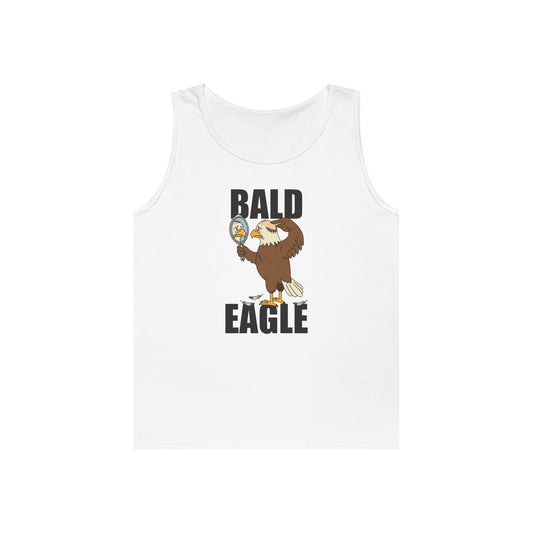 Bald Eagle tank top graphic featuring a sad eagle with a bald spot looking in a mirror.