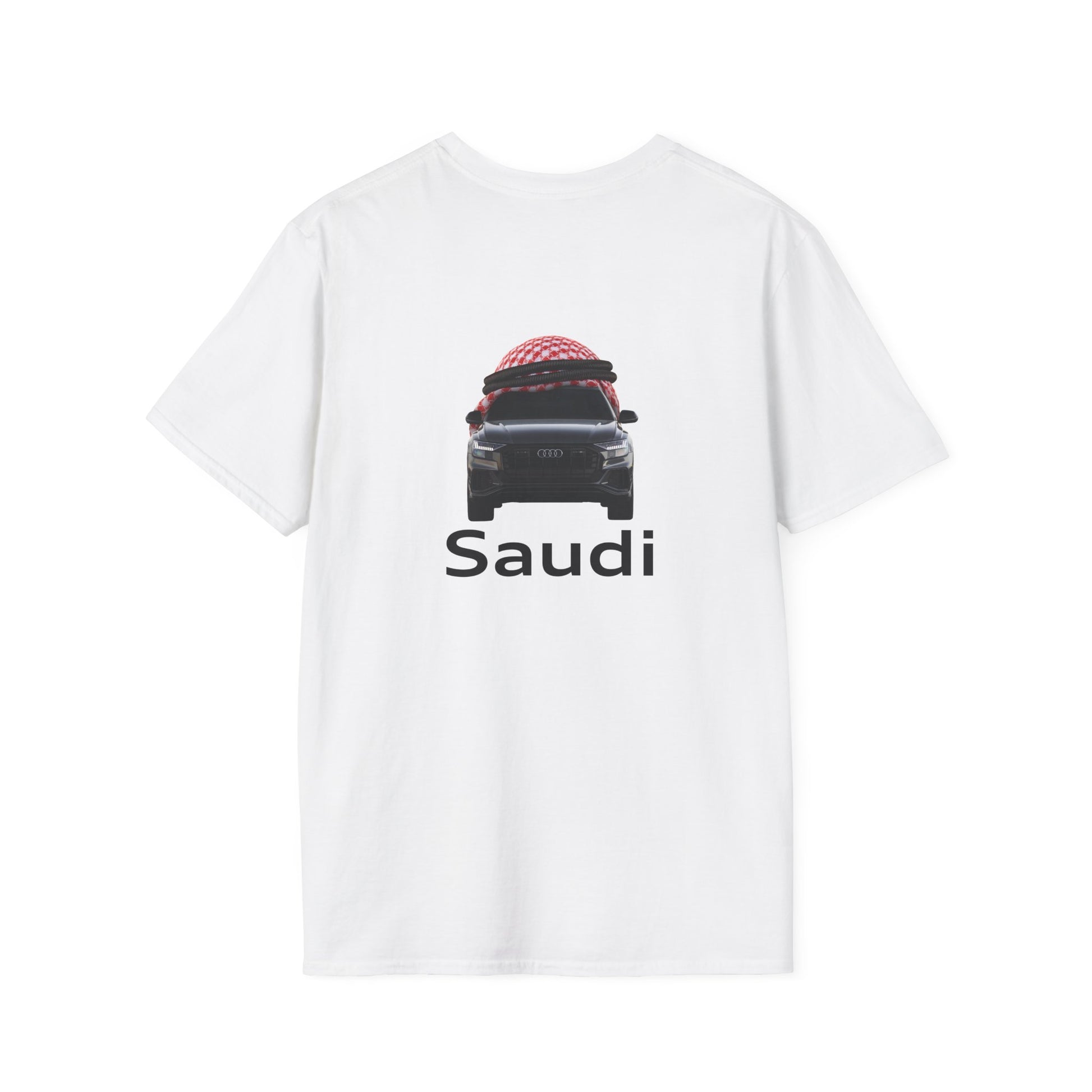 Parody back print shirt with an Audi car wearing a traditional Saudi shamagh headscarf in a bold, humorous style