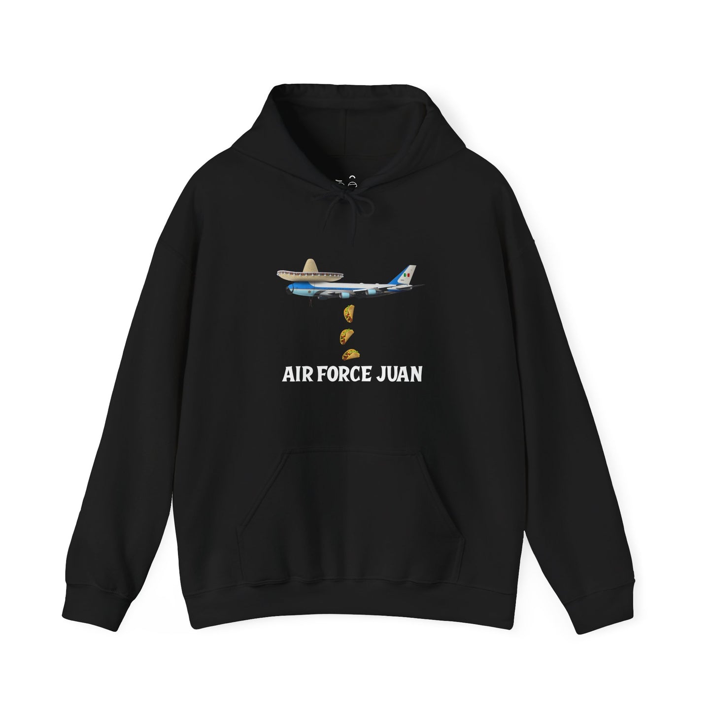 Air Force Juan parody hoodie featuring a presidential airplane with sombrero and tacos