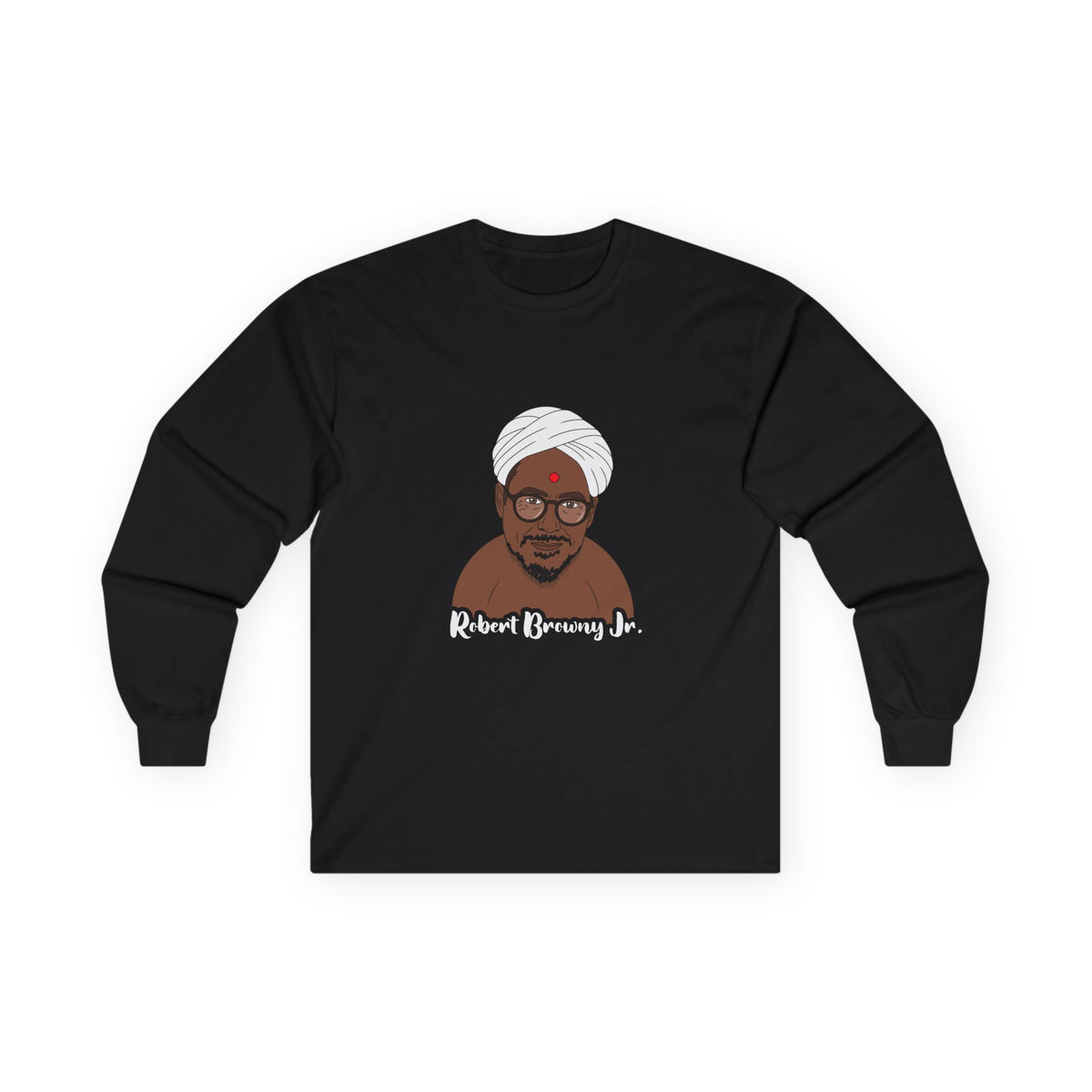 Parody shirt design featuring a comic illustration of Robert Downey Jr. as an Indian man wearing a white turban and bindi, with the text 'Robert Browny Jr.' underneath.