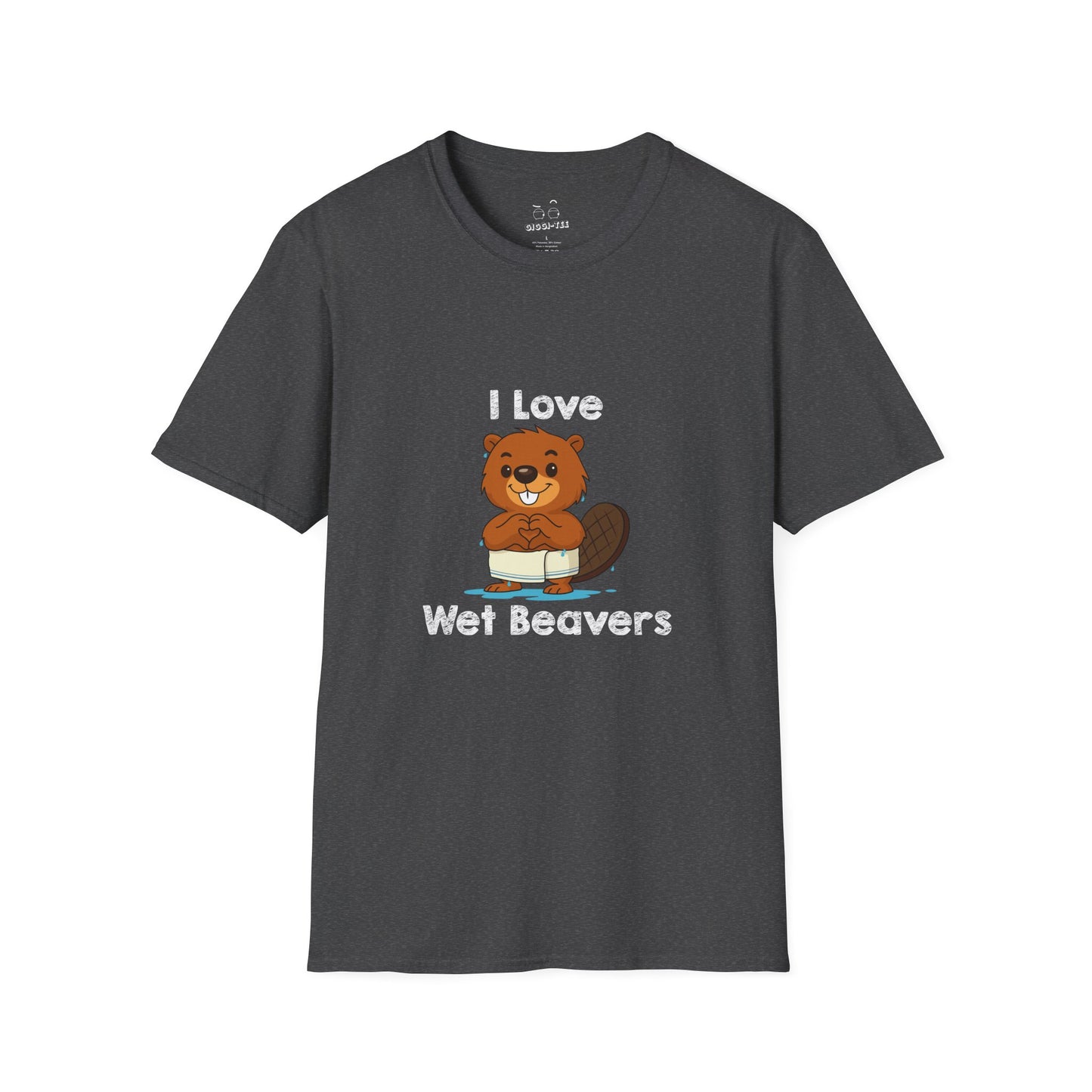 Funny beaver cartoon wearing a towel and dripping water, making a heart shape with its hands, “I Love Wet Beavers” humorous graphic design shirt