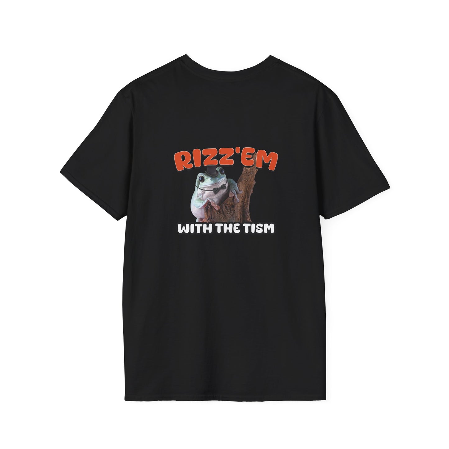 Funny autism parody back print shirt featuring a rizzed-up frog in a top hat and bow tie