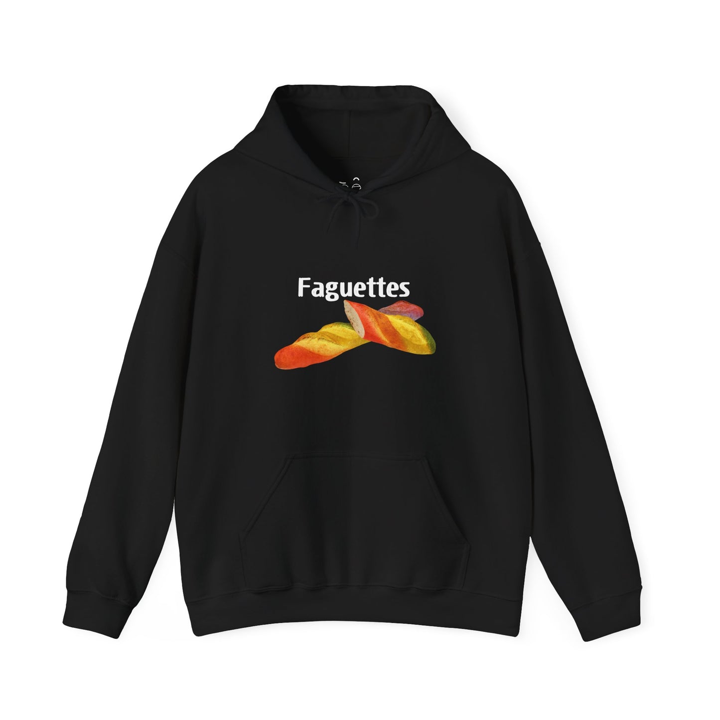 Black hoodie featuring a colorful rainbow baguette parody graphic with the word “Faguettes” in bold lettering.