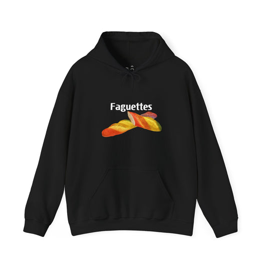 Black hoodie featuring a colorful rainbow baguette parody graphic with the word “Faguettes” in bold lettering.