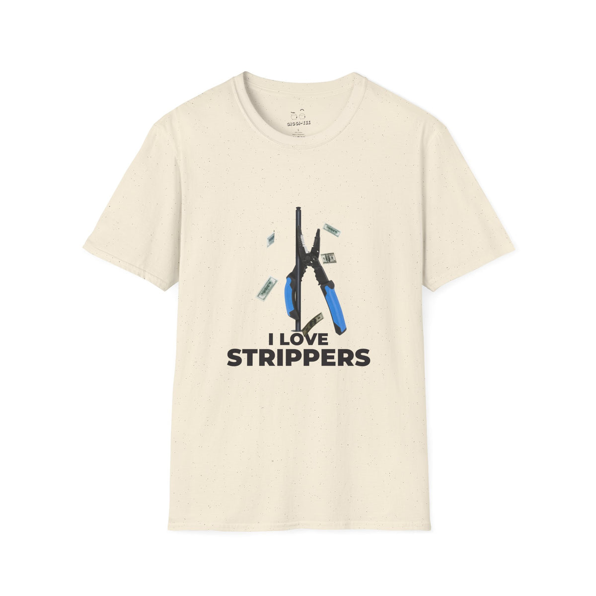 I Love Strippers T-shirt featuring a wire stripper dancing on a pole with flying dollar bills, funny electrician humor graphic.