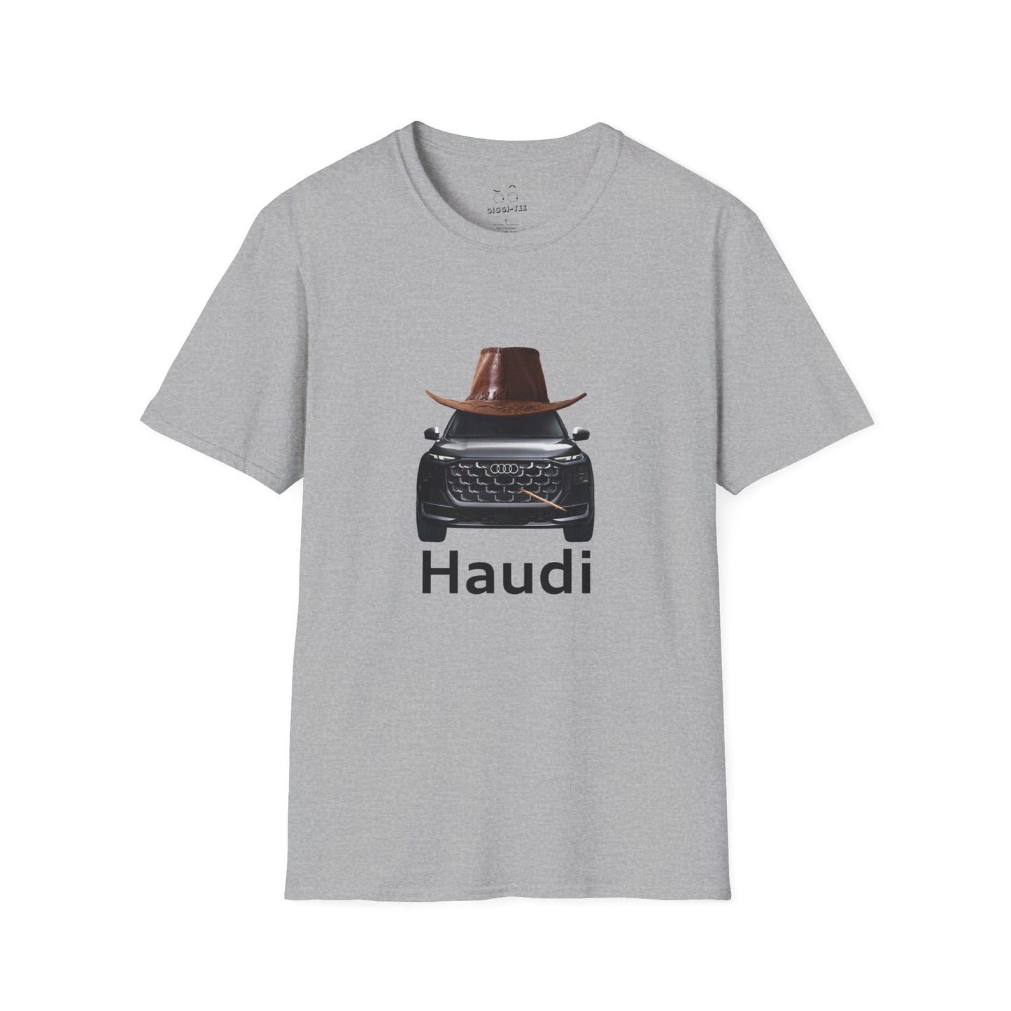 Haudi funny car shirt featuring an Audi with a cowboy hat and toothpick
