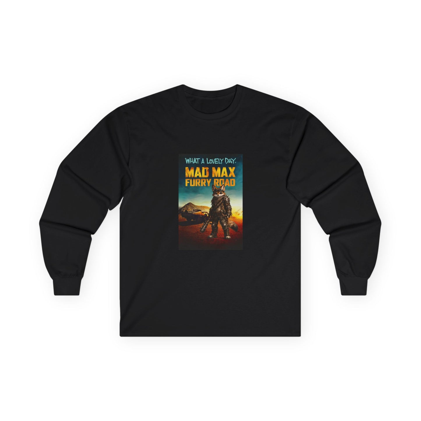 Mad Max Furry Road long sleeve shirt with furry character parody artwork inspired by a post-apocalyptic movie poster.
