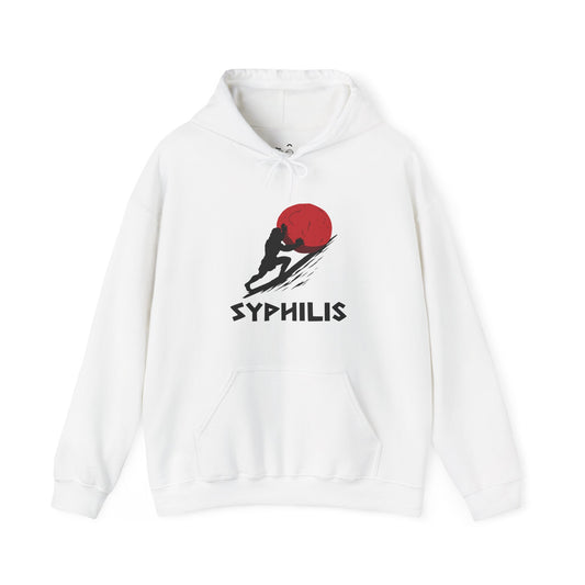 Syphilis parody hoodie featuring Sisyphus pushing a giant red pimple uphill like a boulder