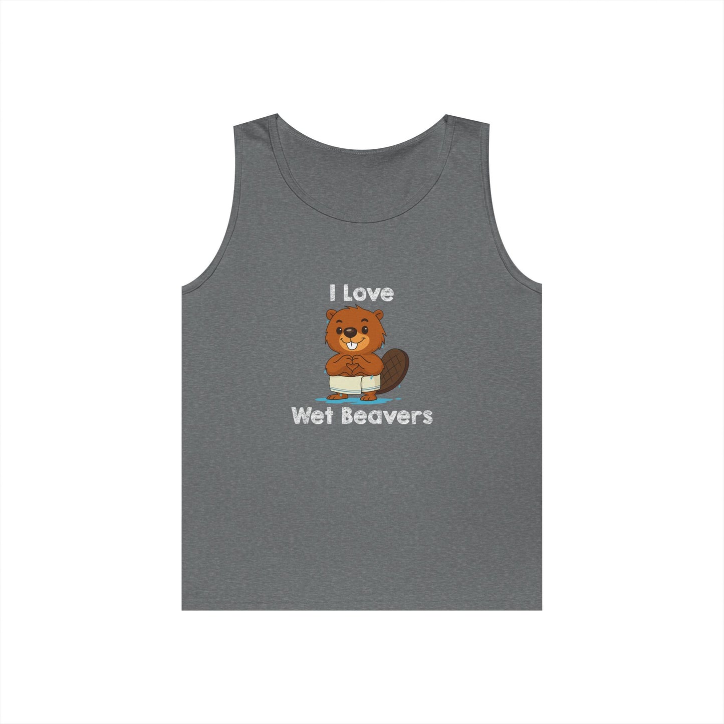 Funny beaver cartoon wearing a towel and dripping water, making a heart shape with its hands, “I Love Wet Beavers” humorous graphic design tank top