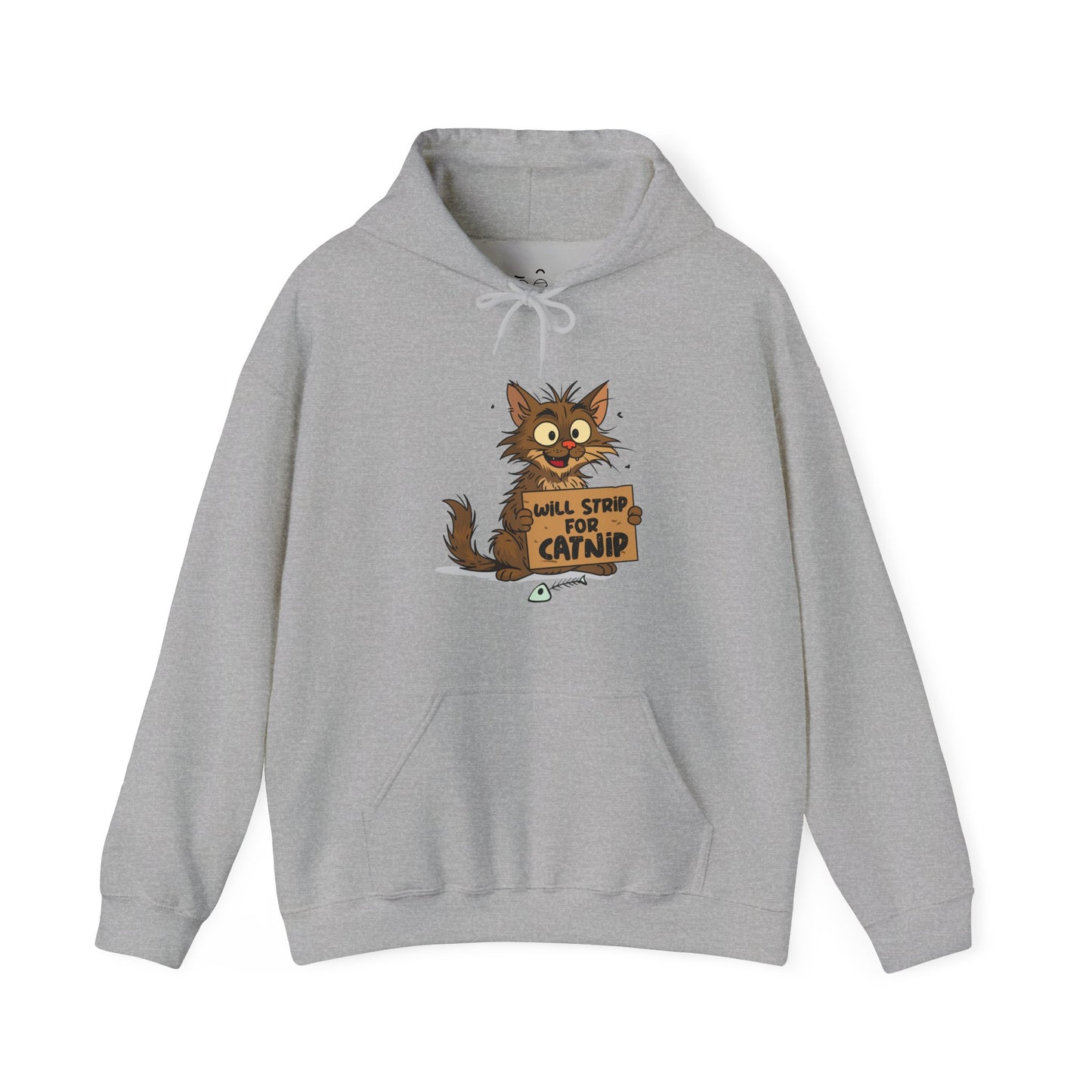 Will Strip for Catnip hoodie featuring a feral street cat holding a cardboard sign asking for catnip