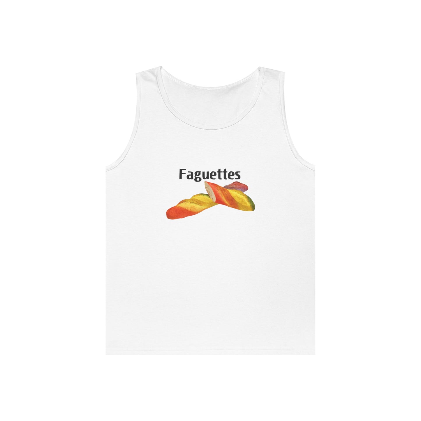 Sleeveless tank top featuring a colorful rainbow baguette parody graphic called “Faguettes” with bold pride-inspired colors.