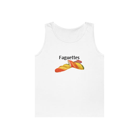 Sleeveless tank top featuring a colorful rainbow baguette parody graphic called “Faguettes” with bold pride-inspired colors.