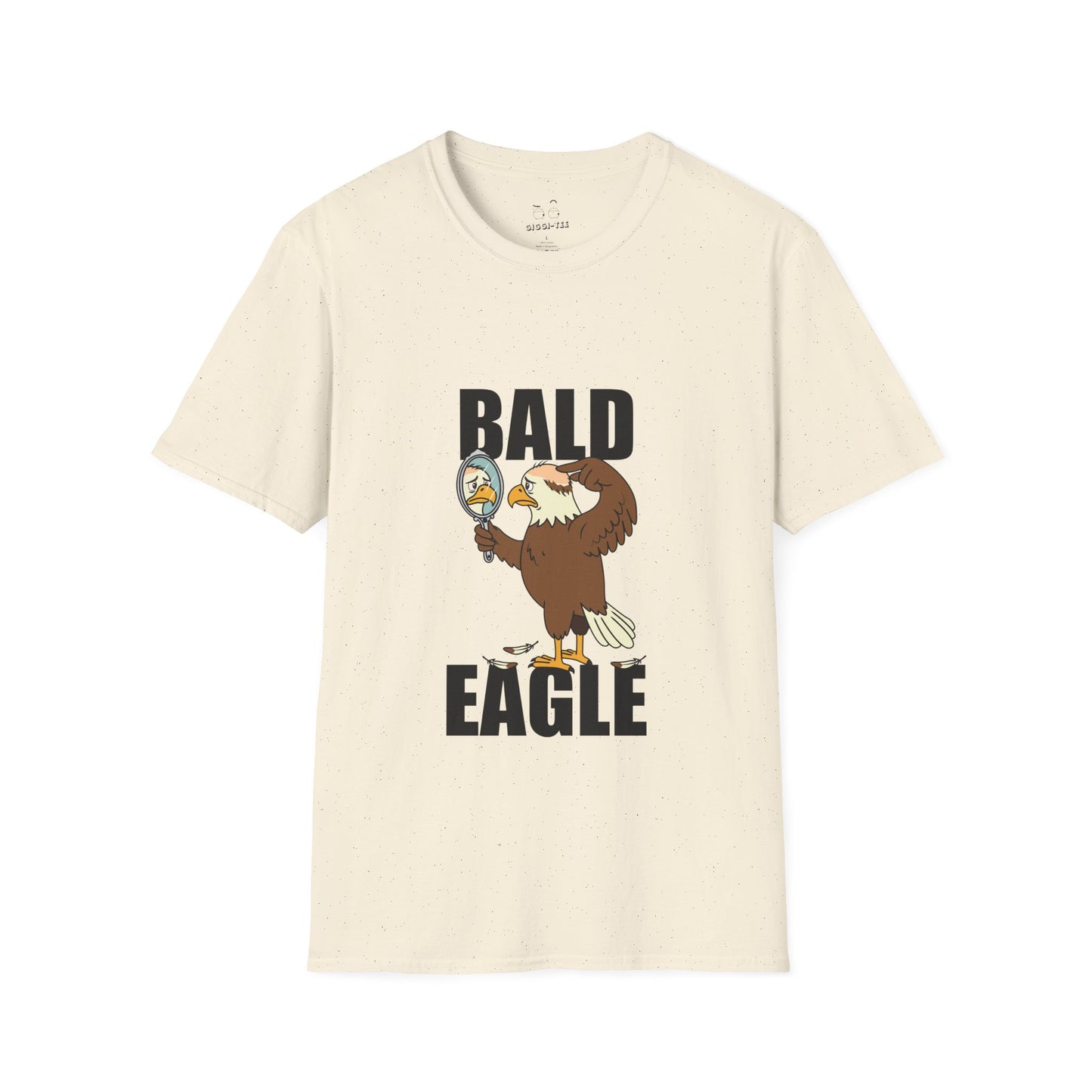 Bald Eagle t-shirt design with a sad eagle showing a bald spot, holding a mirror, and looking disappointed.