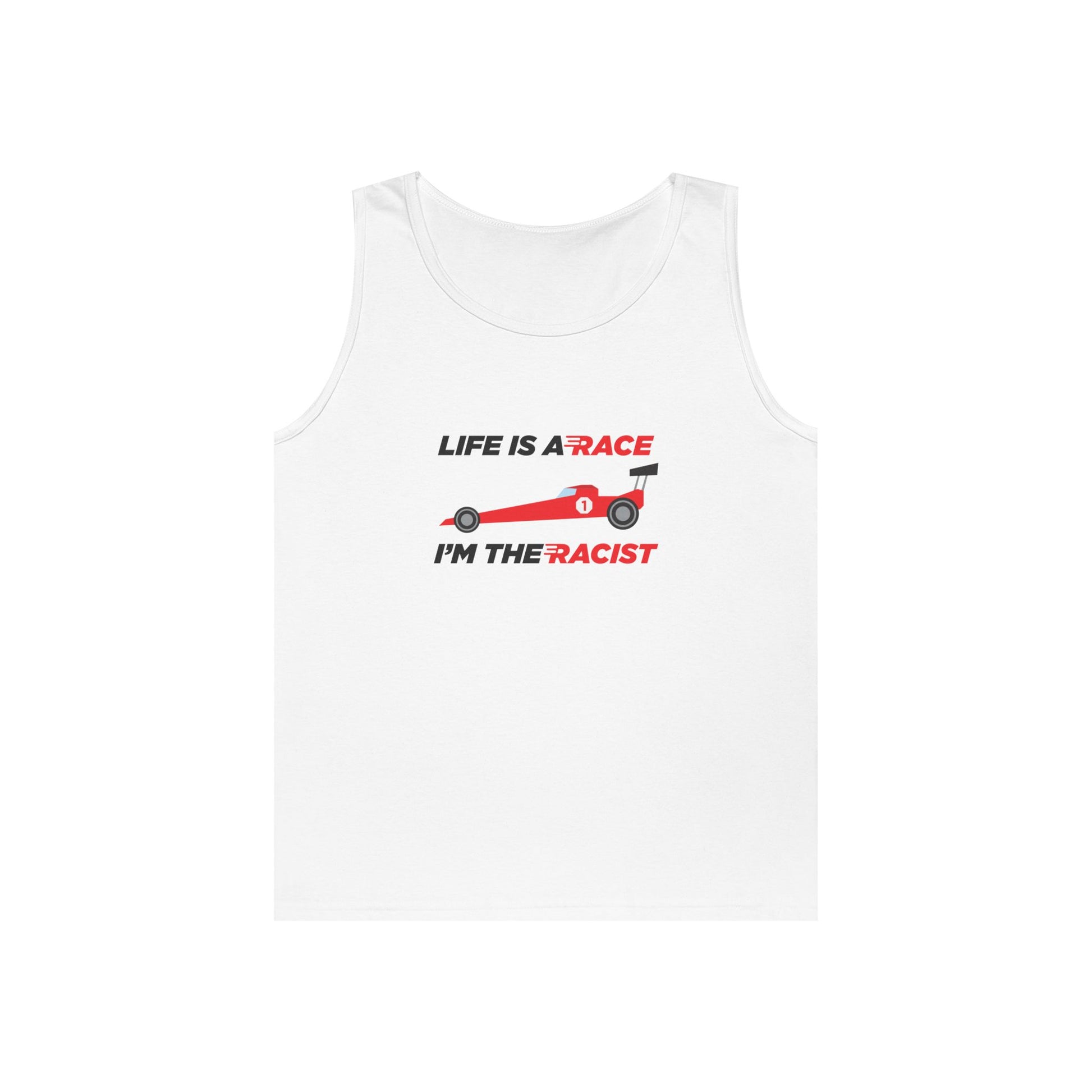 race car life is a race be a racist parody tank top design