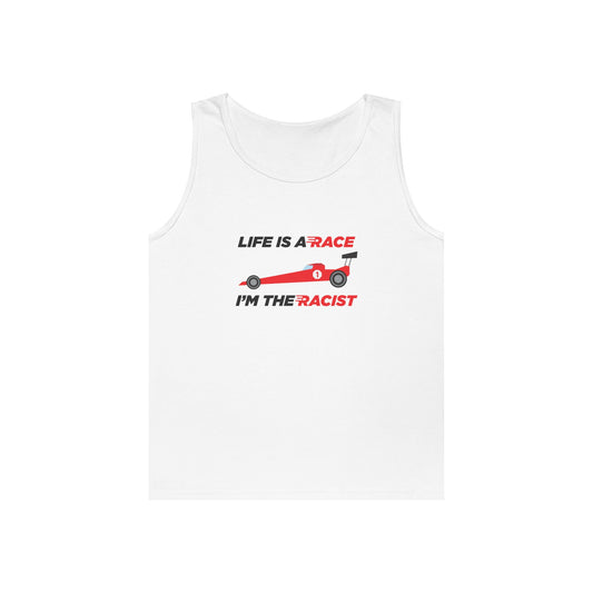 race car life is a race be a racist parody tank top design
