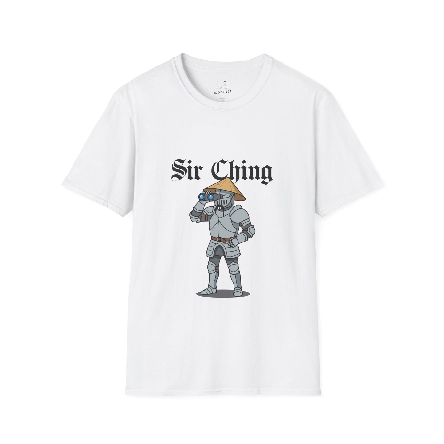 Sir Ching funny knight graphic shirt showing a goofy Asian-inspired medieval knight in shining armor searching with binoculars, wearing a cone hat and buck teeth.
