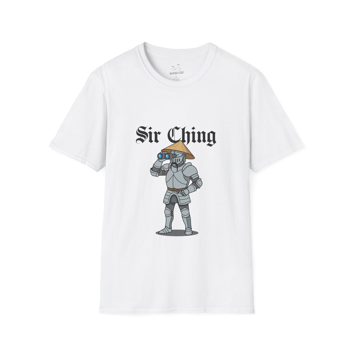 Sir Ching funny knight graphic shirt showing a goofy Asian-inspired medieval knight in shining armor searching with binoculars, wearing a cone hat and buck teeth.