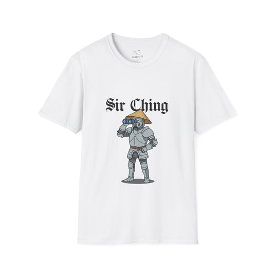 Sir Ching funny knight graphic shirt showing a goofy Asian-inspired medieval knight in shining armor searching with binoculars, wearing a cone hat and buck teeth.