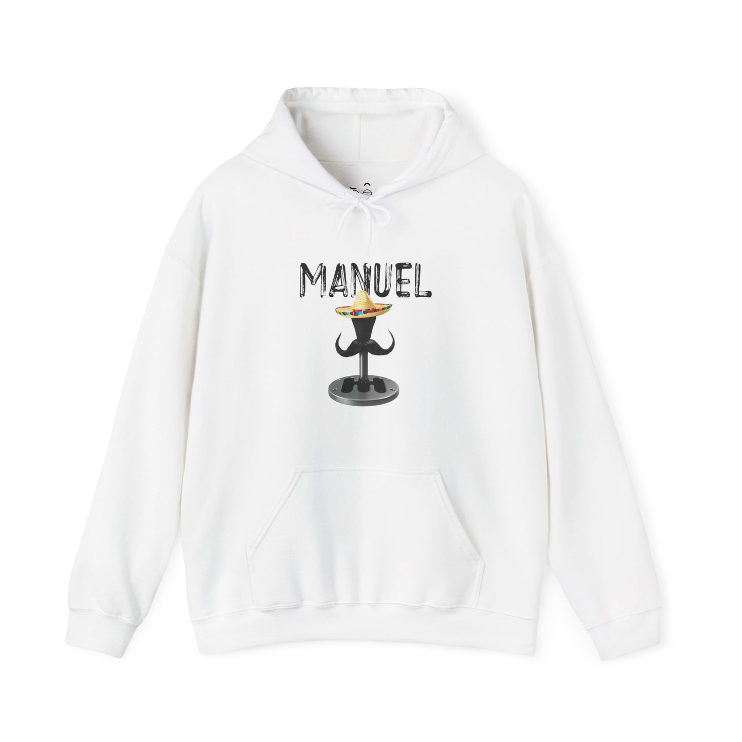 Manuel automotive parody hoodie featuring a manual transmission with sombrero and mustache
