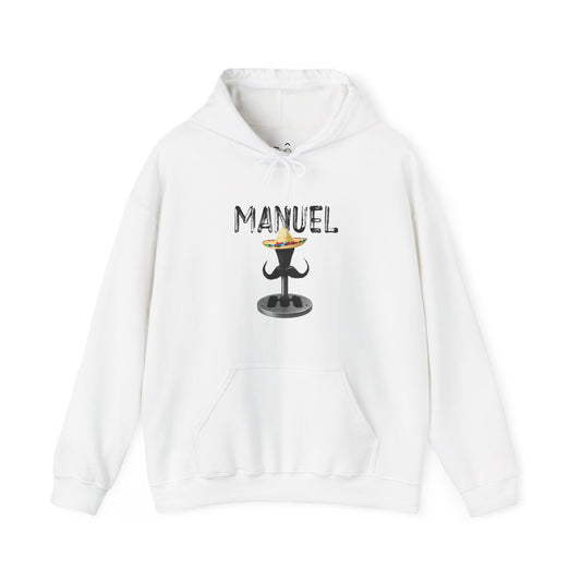 Manuel automotive parody hoodie featuring a manual transmission with sombrero and mustache