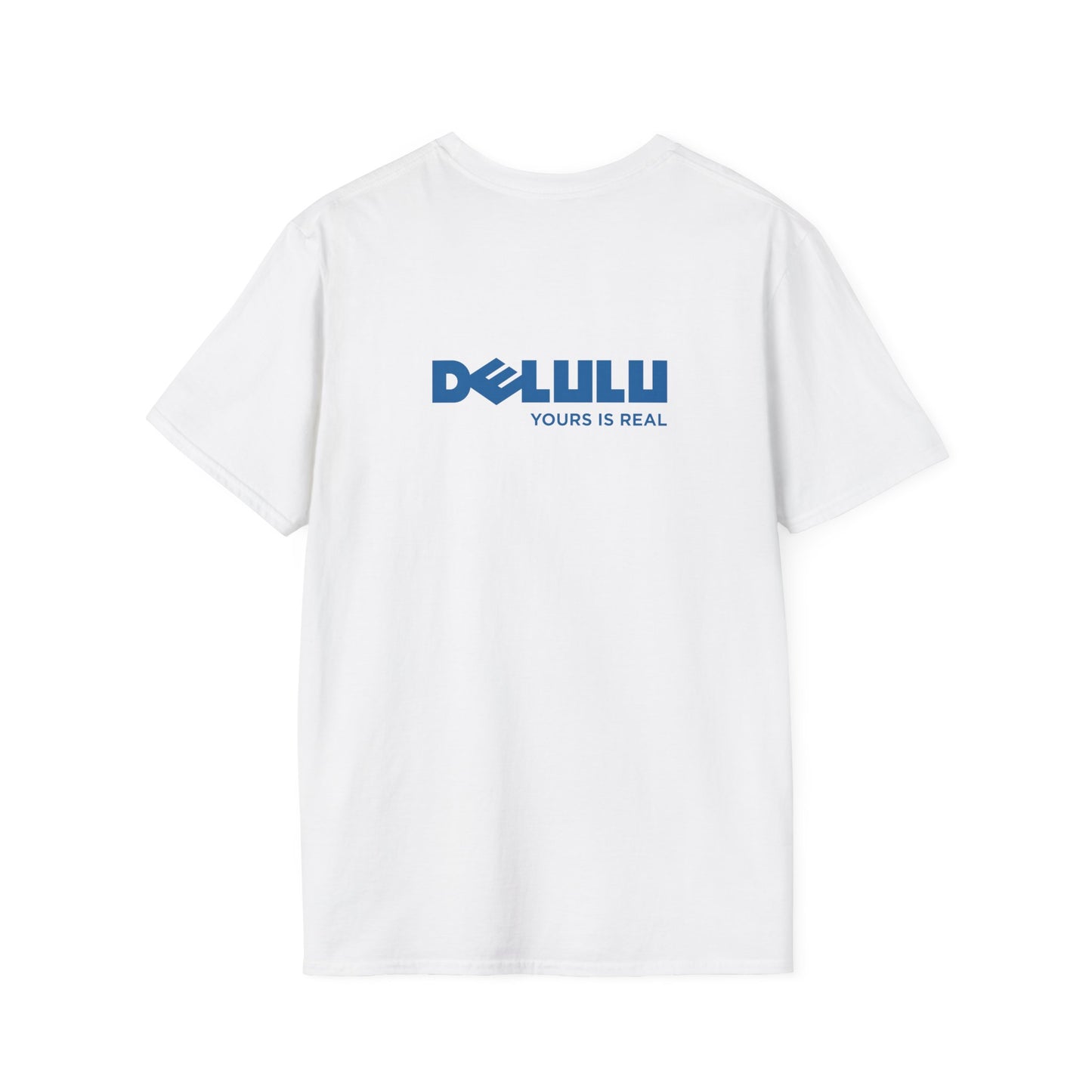 Delulu parody back print t-shirt design with Dell logo transformed into the word ‘Delulu’, nerdy tech humor shirt, laptop and computer fan gift